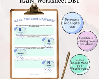 DBT RAIN Technique Worksheet, Mindfulness Skills Tool (Printable and Fillable PDF)