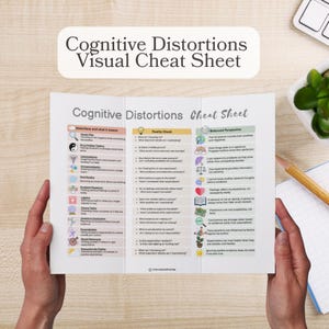 May include: A tri-fold Cognitive Distortions Visual Cheat Sheet printed on white paper. The document is organized into three columns titled Cognitive Distortions, Reality Check, and Balanced Perspective, featuring colorful icons and text.