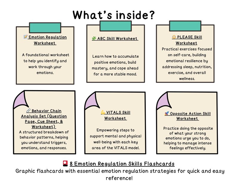 May include: A set of 8 colorful flashcards with the title "Emotion Regulation Skills Flashcards". The flashcards are designed to help with emotional regulation strategies. The text on the flashcards includes "Emotion Regulation Worksheet", "ABC Skill Worksheet", "PLEASE Skill Worksheet", "Behavior Chain Analysis Set", "VITALS Skill Worksheet", and "Opposite Action Skill Worksheet".
