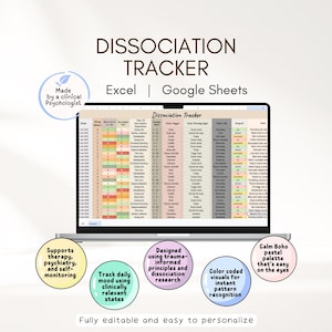May include: A laptop screen displays a spreadsheet titled "Dissociation Tracker." The screen shows color-coded data, with text that reads "Made by a clinical Psychologist." Additional text includes "Supports therapy, psychiatry, and self-monitoring."