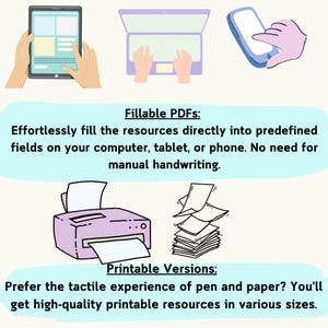 May include: Illustration of a tablet, laptop, and smartphone, showing how to fill out digital forms. Below the devices, text reads "Fillable PDFs: Effortlessly fill the resources directly into predefined fields on your computer, tablet, or phone. No need for manual handwriting."  Below that, an illustration of a printer and a stack of paper with the text "Printable Versions: Prefer the tactile experience of pen and paper? You'll get high-quality printable resources in various sizes."
