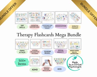 Therapy cards mega bundle, over 500 therapy flashcards including CBT DBT adhd Dissociation Anxiety ocd Somatic Schema Panic ACT and more