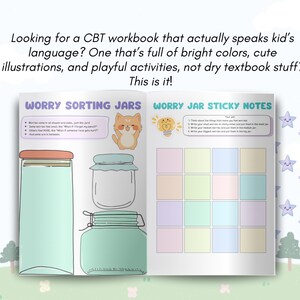 May include: A CBT workbook with colorful illustrations and playful activities. The workbook includes sections titled "Worry Sorting Jars" and "Worry Jar Sticky Notes". The cover features a cartoon cat and star illustrations.
