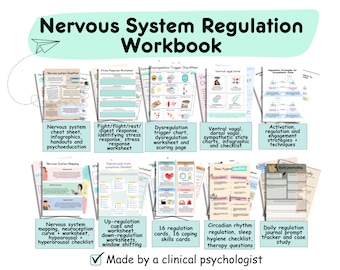 Nervous system regulation workbook, Nervous system regulation worksheets, journals, checklists, trackers, case study, therapy questions