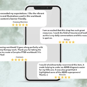 May include: A screenshot of a mobile phone displaying customer reviews for a product. The reviews are positive and highlight the product's usefulness and quality. The reviews include text such as "This exceeded my expectations", "Amazing workbook!" and "I would wholeheartedly recommend this item".