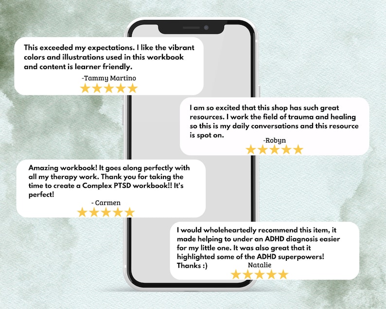 May include: A screenshot of a mobile phone displaying customer reviews for a product. The reviews are positive and highlight the product's usefulness and quality. The reviews include text such as "This exceeded my expectations", "Amazing workbook!" and "I would wholeheartedly recommend this item".