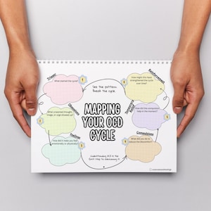 May include: A white spiral-bound worksheet titled Mapping Your OCD Cycle with six numbered pastel-coloured cloud shapes. The chart includes prompts for Trigger, Obsessions, Feelings, Compulsions, Temporary Relief, and Reinforcement to track patterns.