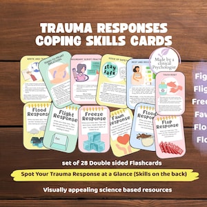 May include: A set of 28 double-sided flashcards, "Trauma Responses Coping Skills Cards," with colourful illustrations and text. The cards cover topics like "Fight, Flight, Freeze, Fawn, Flood, Flop." Designed as visually appealing resources for coping skills.