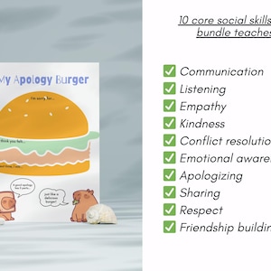 May include: A colorful illustration titled "My Apology Burger" depicts a burger with text prompts. The image also lists 10 core social skills, including communication, empathy, and conflict resolution. Two cartoon animals are also present.