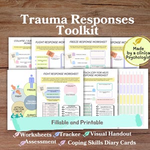 May include: A toolkit titled "Trauma Responses Toolkit" with worksheets, a tracker, and visual handouts. The image includes the text "Fillable and Printable" and "Made by a clinical Psychologist."