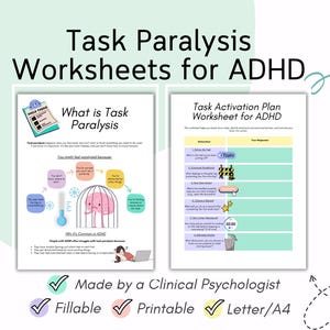 Op de afbeelding: Twee printbare werkbladen voor ADHD, een met de titel "Wat is taakverlamming" met een illustratie van een hersenen in een kooi, en de andere met de titel "Werkbladen voor het activeringsplan voor taken voor ADHD" met een tabel om te helpen bij het plannen van taken.