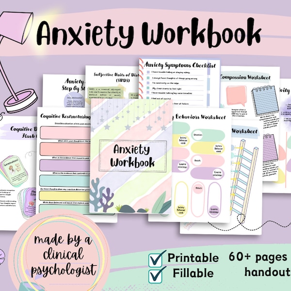 Anxiety Workbook, Anxiety worksheets, reduce anxiety relief printable, overcome anxiety cards, anxiety ebook, overcome anxiety, fillable pdf