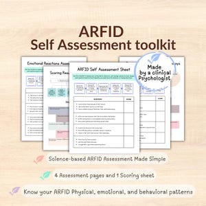 May include: A stack of white paper sheets with the text "ARFID Self Assessment toolkit". The sheets include assessment and scoring pages. The text "Made by a clinical Psychologist" is also visible.