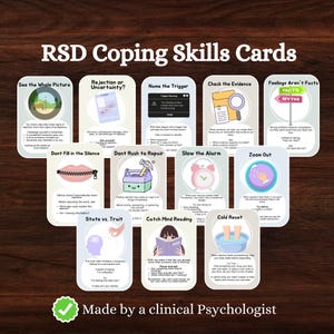May include: A set of twelve rectangular RSD Coping Skills Cards featuring pastel illustrations and text. Each card provides psychological strategies for managing rejection sensitivity, including titles like See the Whole Picture and Cold Reset.