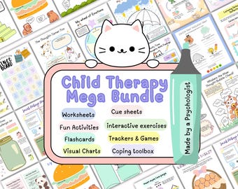 Child Therapy Mega Bundle: Worksheets, Flashcards, Fun activities, Cue Sheets, Games, Coping toolbox