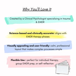 May include: A white graphic with the text "Why You'll Love It" and bullet points describing the product's features. The text includes "Created by a Clinical Psychologist," "Science-based," and "Visually appealing." A stack of notepaper is in the bottom right.