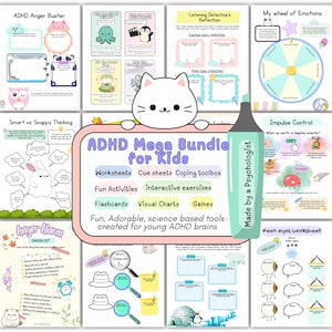 ADHD mega bundle for kids: Worksheets, Flashcards, Activities, Exercises, Cue sheets, and more