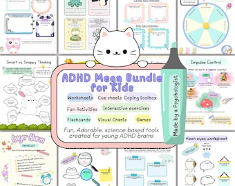 ADHD mega bundle for kids: Worksheets, Flashcards, Activities, Exercises, Cue sheets, and more