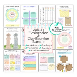 May include: A bundle of worksheets and exercises for values exploration and clarification. The image includes various charts, flashcards, and worksheets with titles like "Values Bulls Eye exercise" and "The ACT Matrix". The bundle is labeled "Made by a clinical Psychologist".