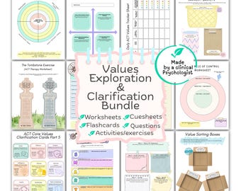 Values worksheets bundle, Values clarifications and explorations  tools (Worksheets, Flashcards, exercises, Questions and more)