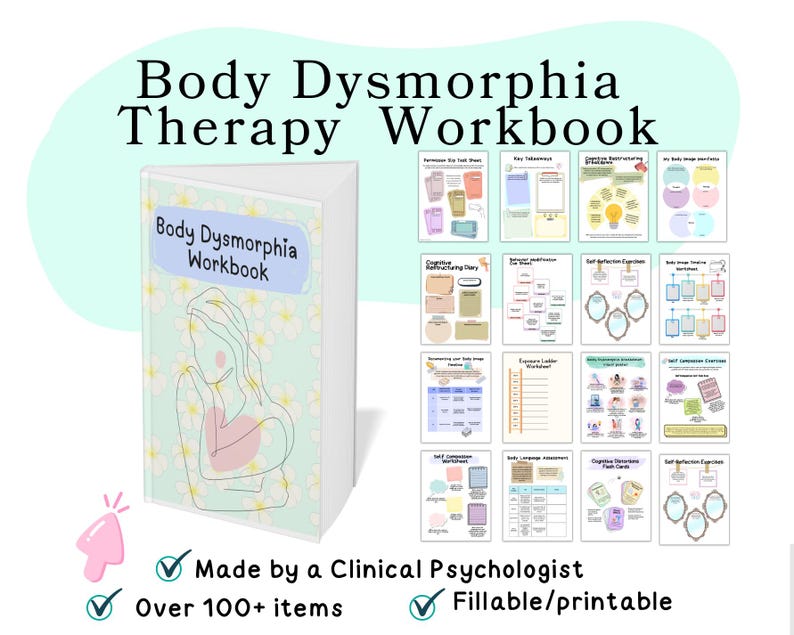 Body Dysmorphia Workbook, body dysmorphia worksheets therapy, body image worksheets, body dysmorphia recovery, body image workbook