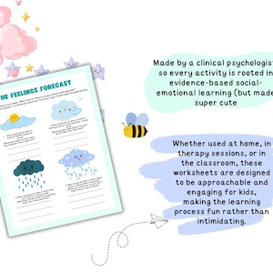 May include: A worksheet titled "The Feelings Forecast" with illustrations of weather conditions like sun, clouds, and rain. The text describes the worksheets as designed for social-emotional learning, suitable for home, therapy, or classroom use.