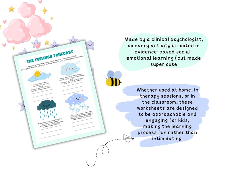May include: A worksheet titled "The Feelings Forecast" with illustrations of weather conditions like sun, clouds, and rain. The text describes the worksheets as designed for social-emotional learning, suitable for home, therapy, or classroom use.
