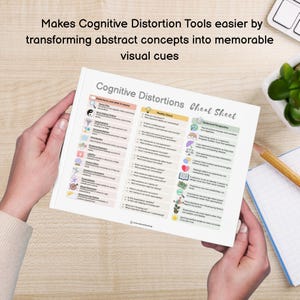 May include: A white paper cheat sheet titled Cognitive Distortions featuring a structured layout with three columns of text and small icons. The document lists various cognitive distortions, reality checks, and balanced perspectives in black text.