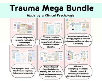 Trauma worksheets, trauma therapy bundle, trauma workbook, therapy tools, acceptance and commitment therapy, EMDR, trauma focused CBT