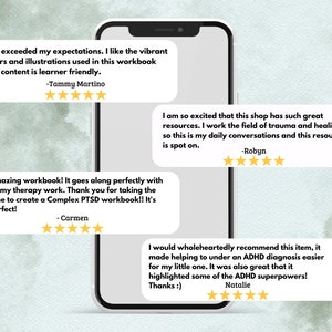 May include: A smartphone screen shows customer reviews for a workbook. The reviews are in white text bubbles against a light green background. The reviews mention vibrant colours, illustrations, and learner-friendly content. The workbook is for Complex PTSD and ADHD.