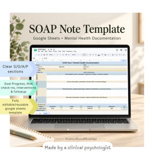 Op de afbeelding: Een digitaal SOAP-notitiesjabloon voor Google Sheets ontworpen voor documentatie in de geestelijke gezondheidszorg. Het scherm toont secties voor Subjective, Objective, Assessment en Plan, met selectievakjes voor voortgang.