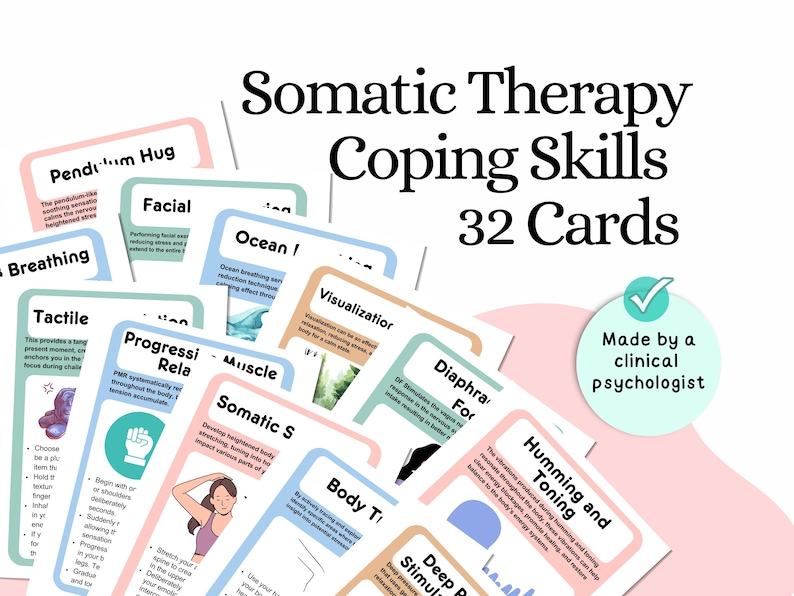 Somatic therapy coping skills cards, somatic therapy worksheets, somatic psychotherapy, somatic experiencing