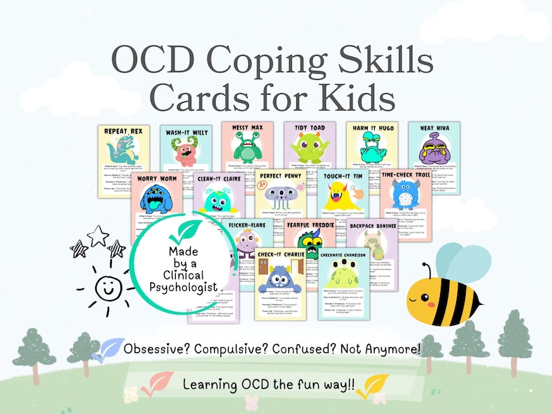 OCD coping cards, OCD flashcards for kids obsessive compulsive disorder OCD therapy games bundle ocd worksheets for teens erp worksheets ocd image 2