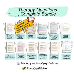 Therapy Questions Mega Bundle: CBT, DBT, EMDR, Somatic, Schema, act, and more + Progress Notes