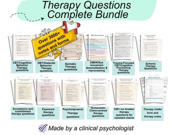 Therapy Questions Mega Bundle: CBT, DBT, EMDR, Somatic, Schema, act, and more + Progress Notes