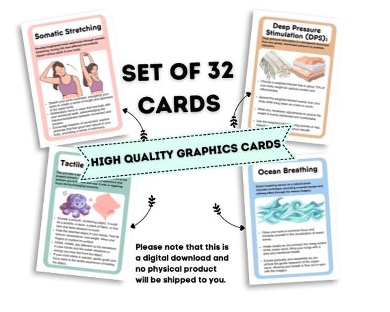 May include: Set of 32 high quality graphics cards for sensory regulation. The cards feature illustrations of different sensory activities, such as somatic stretching, deep pressure stimulation, tactile exploration, and ocean breathing.