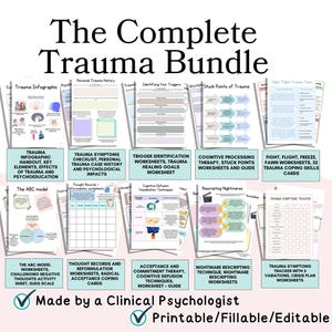 Trauma worksheets, trauma therapy bundle, trauma workbook, therapy tools, acceptance and commitment therapy, EMDR, trauma focused CBT