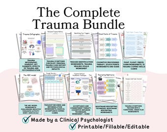 Trauma worksheets, trauma therapy bundle, trauma workbook, therapy tools, acceptance and commitment therapy, EMDR, trauma focused CBT