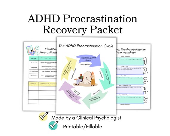 ADHD procrastination worksheets, ADHD worksheets therapy ADHD procrastination for teens and adults, adhd printable adhd tools adhd resources