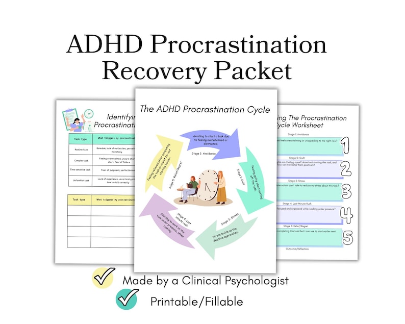 ADHD procrastination worksheets, ADHD worksheets therapy ADHD procrastination for teens and adults, adhd printable adhd tools adhd cards, adhd journal, adhd cycle worksheet, adhd guide, adhd therapist, adhd digital planner adhd resources adhd kids