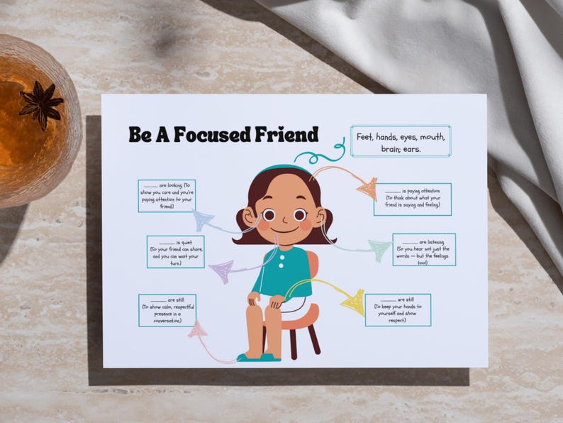 May include: A white card with the text "Be A Focused Friend" and an illustration of a girl sitting on a stool. The card includes prompts about active listening, such as "are looking" and "are still".