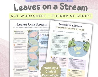 ACT Leaves on a Stream Worksheet & Therapist Script, Cognitive Defusion Exercise, Acceptance and Commitment Therapy Metaphor PDF