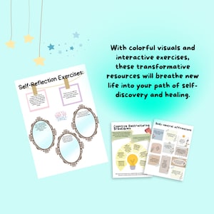May include: Three printable self-reflection exercises with colorful borders and text. The exercises are titled "Self-Reflection Exercises", "Look Ya Really For This!" and "Cognitive Restructuring Breakdown".