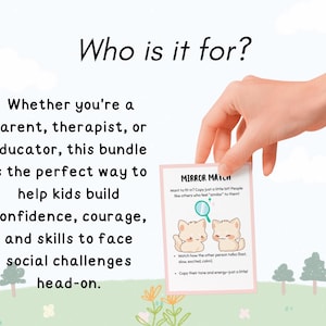 May include: A card held by a hand with the text "Mirror Match" and illustrations of two cartoon cats. The card is part of a bundle designed to help kids build confidence and skills to face social challenges.