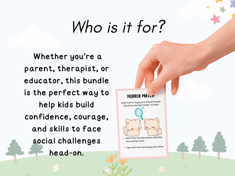 May include: A card held by a hand with the text "Mirror Match" and illustrations of two cartoon cats. The card is part of a bundle designed to help kids build confidence and skills to face social challenges.