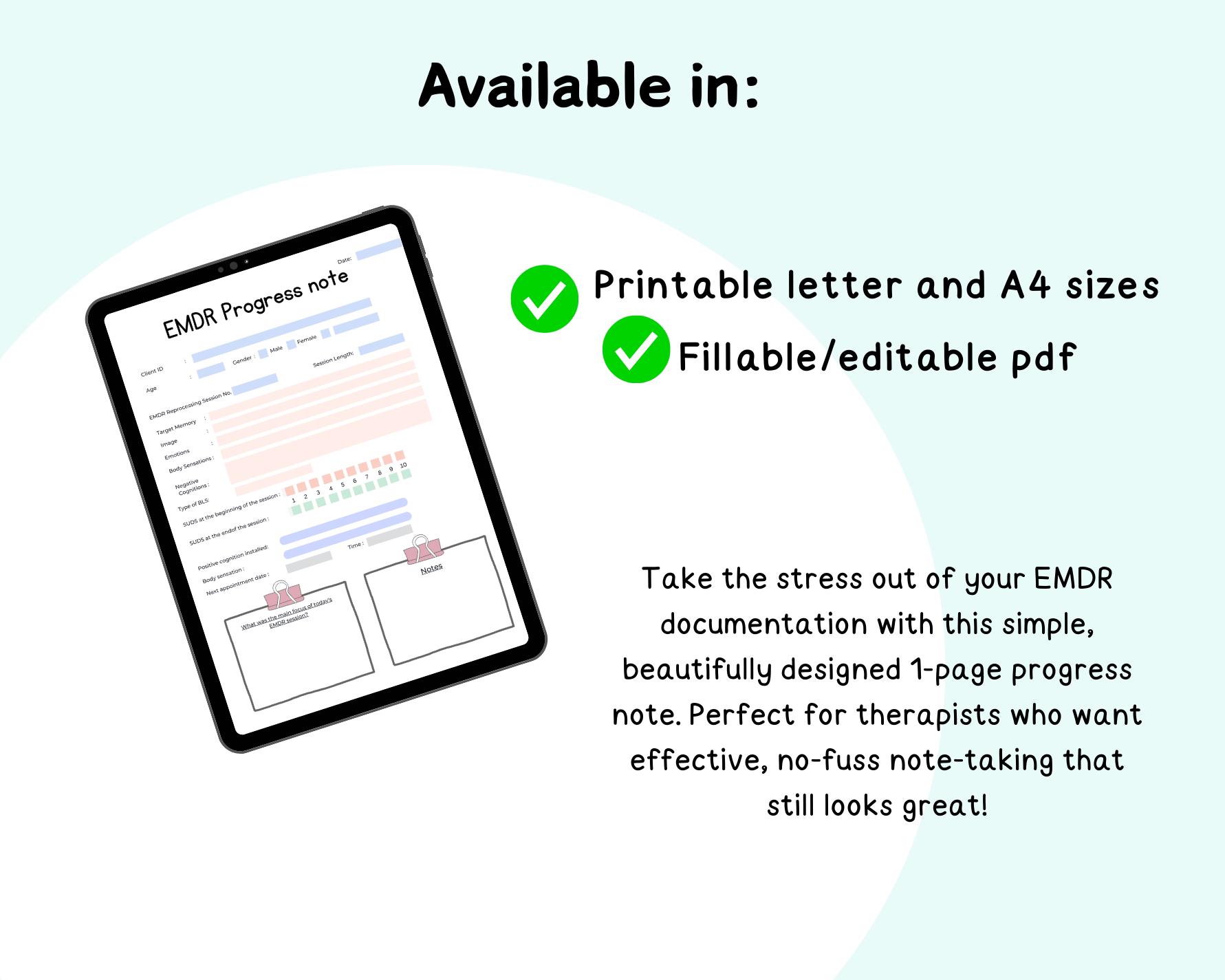 EMDR Progress Note: Therapy Resource (printable and Fillable PDF) - Etsy