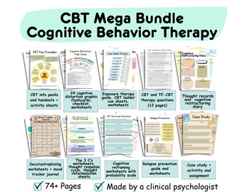 CBT bundle CBT worksheets cognitive behavior therapy cognitive distortion cards CBT workbook cbt journal cognitive behavioral therapy