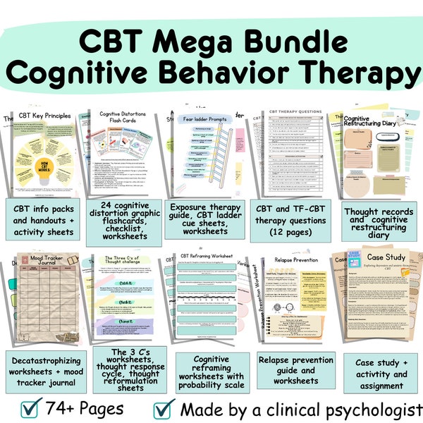 CBT bundle CBT worksheets cognitive behavior therapy cognitive distortion cards CBT workbook cbt journal cognitive behavioral therapy