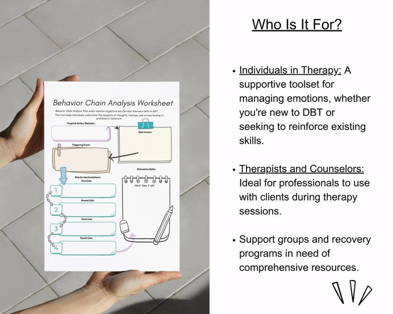 May include: A printable worksheet titled "Behavior Chain Analysis Worksheet" with a chain link graphic and a blank template for analyzing behaviors. The worksheet is designed to help individuals manage emotions and develop coping skills.