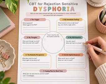 CBT Worksheet for RSD, Cognitive Behavior Therapy for Rejection Sensitive Dysphoria Printable PDF